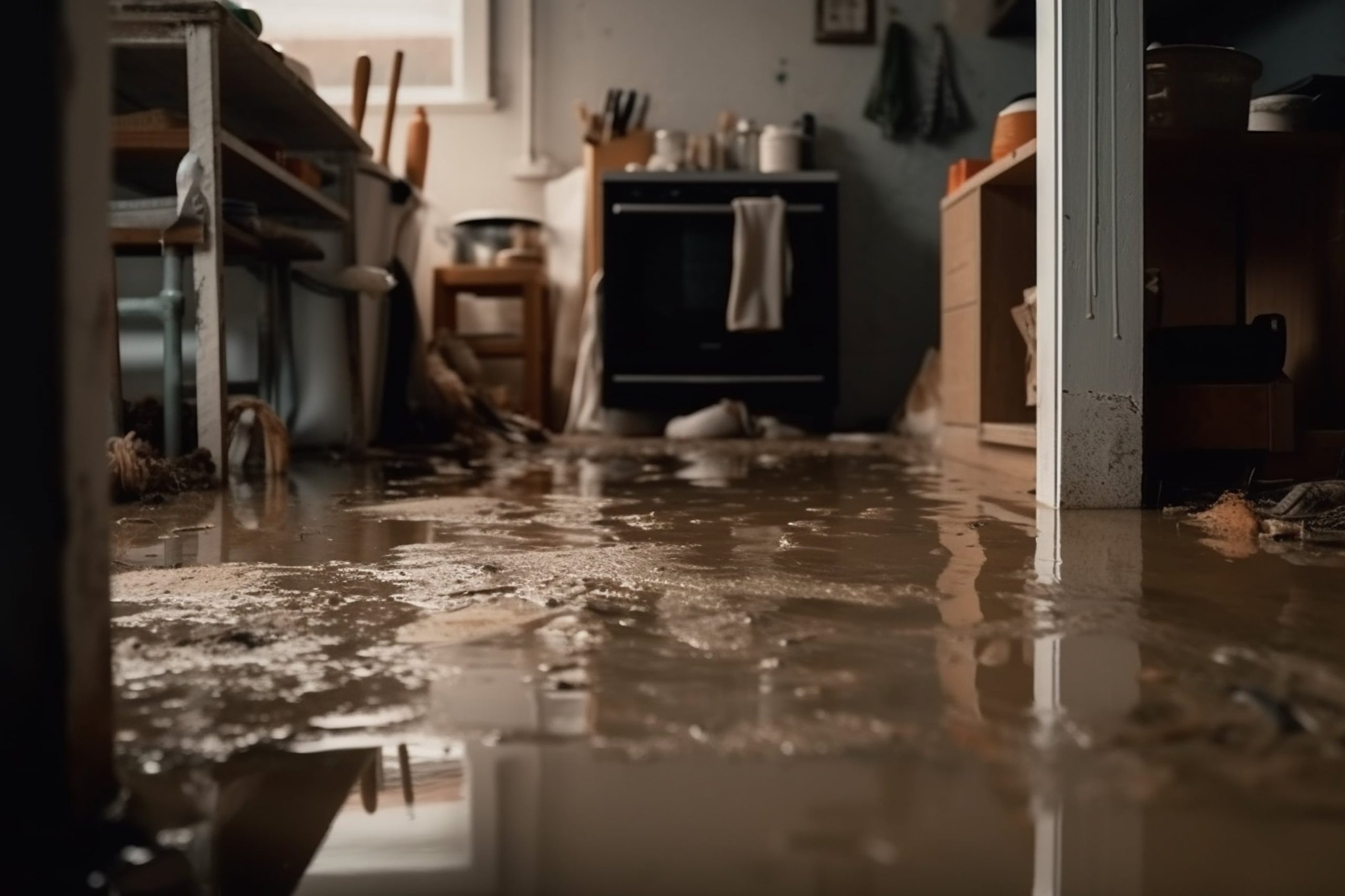 Water damage in flooded kitchen
