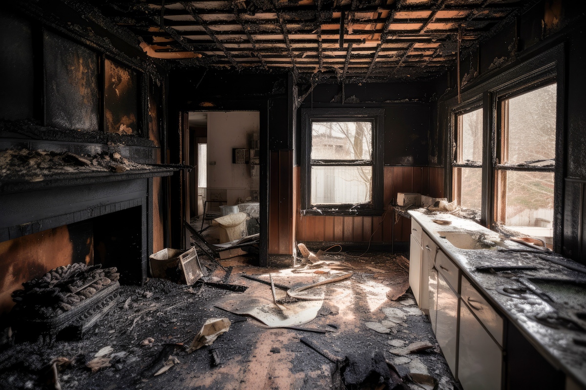 Aftermath of a house fire. Ruined house interior in building after fire. Burned walls and furniture.