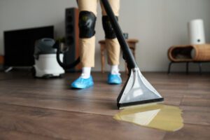 Close-up of professional cleaner vacuuming the water damaged floor with vacuum 